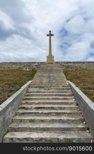 Cross by cemetery in memory of lost lives in the Great War in Stanley Falkland Islands. Memorial to deaths in Great War in Stanley Falkland Islands