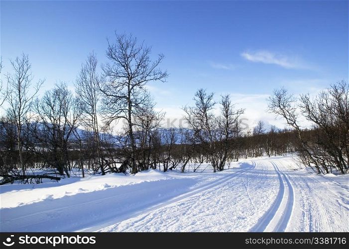 Cross country ski trails in the mountains of Norway.