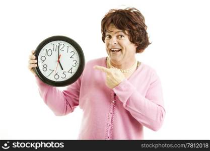 Cross dresser pointing to a clock that reads almost five o&rsquo;clock. Isolated on white.