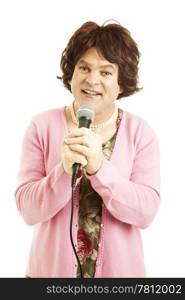 Cross dressing celebrity impersonator performs a song. Isolated on white.