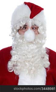 cross-eyed Santa Claus with a pompom in front of his face