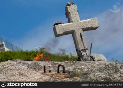 Cross in Fisterra, La Coruna, Galicia, Spain