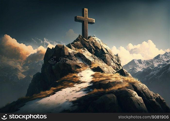 Cross in mountains. Generative Ai image. Cross in mountains