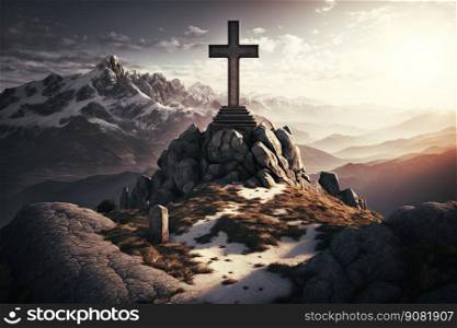Cross in mountains. Generative Ai image. Cross in mountains