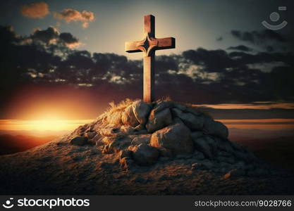 Cross of faith on a ground pile, sunset. Generative AI. High quality illustration. Cross of faith on a ground pile, sunset. Generative AI