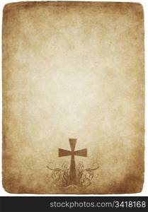 cross on old parchment. cross on old worn and grungy parchment paper