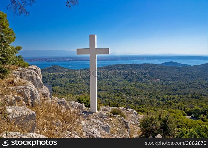 Cross overlooking islands of Croatia, top of Ugljan island in Dalmatia region