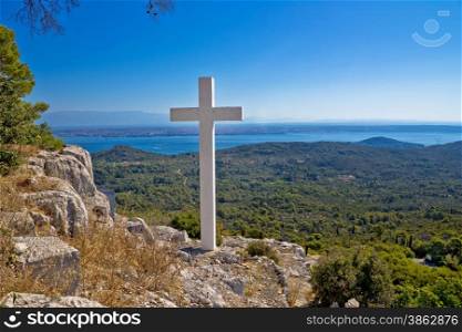 Cross overlooking islands of Croatia, top of Ugljan island in Dalmatia region