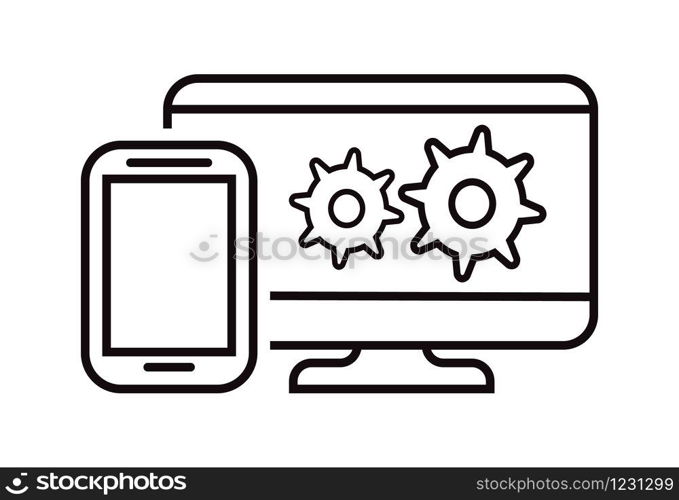 Cross-platform software icon vector. Update or upgrade illustration. Two types of devices. Cross platform mobile symbol. Tablet and computer screen in outline style.
