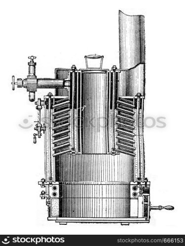Cross section of a boiler steam automobile truck, vintage engraving.