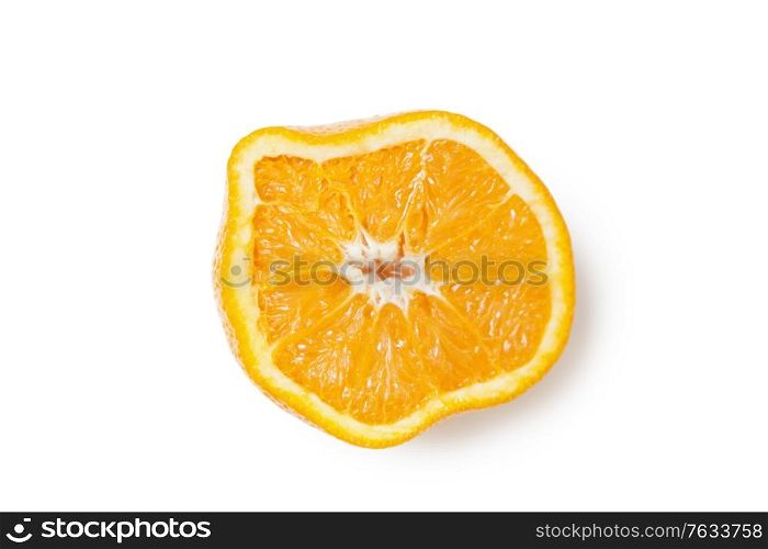 Cross section of a squeezed orange slice over white background