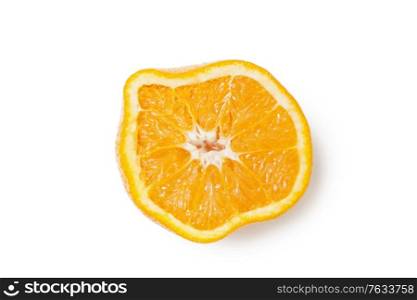Cross section of a squeezed orange slice over white background