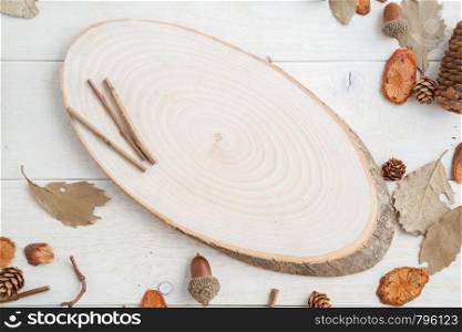 cross-section of a tree on a wooden background in autumn style . top view with space for text