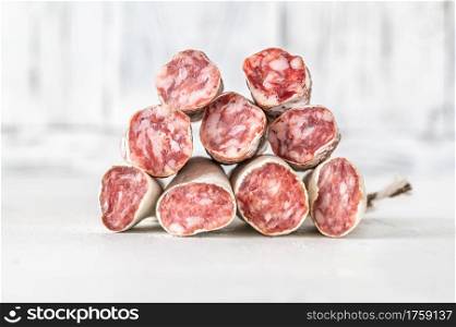 Cross section of fuet - Catalan cured sausage
