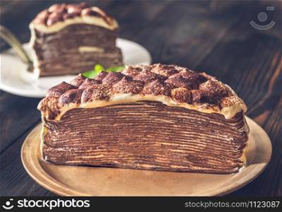 Cross section of tiramisu crepe cake close-up