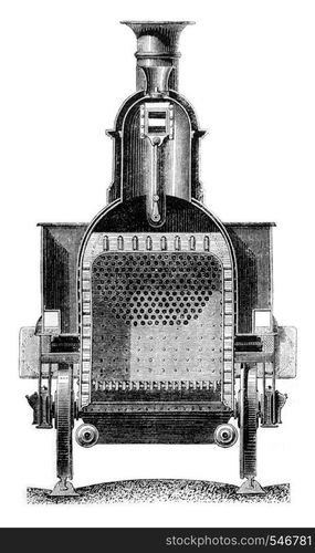 Cross section through the firebox, vintage engraved illustration. Magasin Pittoresque 1861.