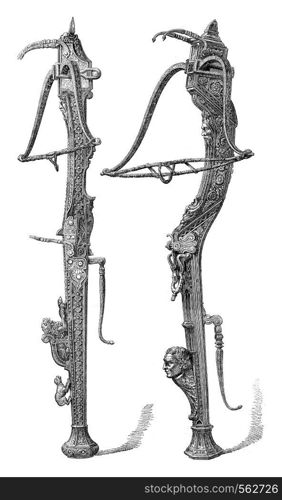 Crossbows sixteenth century, Exhibition of Fine Arts applied to Industry (1865), vintage engraved illustration. Magasin Pittoresque 1869.