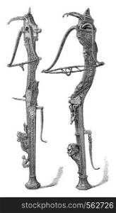 Crossbows sixteenth century, Exhibition of Fine Arts applied to Industry (1865), vintage engraved illustration. Magasin Pittoresque 1869.