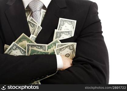 Crossed arms with dollars. Isolated over white.