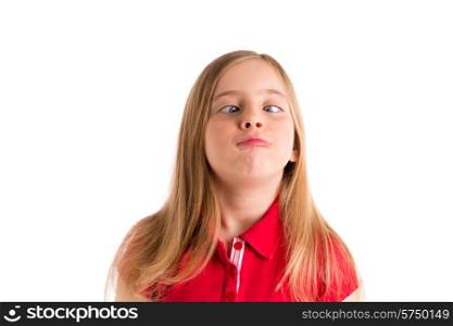 crossed eyes blond kid girl funny expression gesture in white background