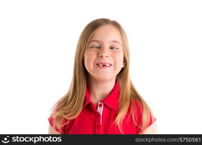 crossed eyes blond kid girl funny expression gesture in white background