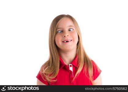 crossed eyes blond kid girl funny expression gesture in white background