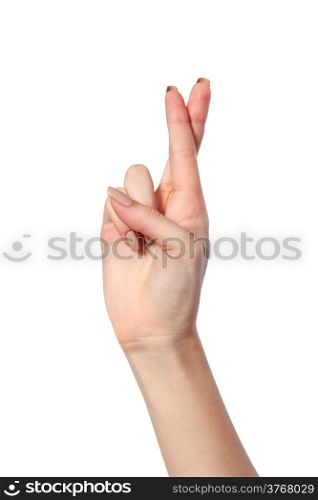 Crossed fingers symbolizing good luck isolated on a white background