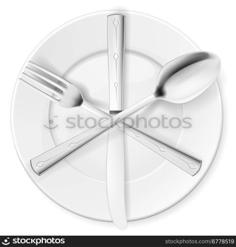 Crossed fork, spoon and knife on white plate