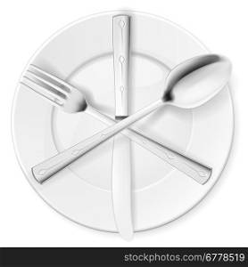 Crossed fork, spoon and knife on white plate