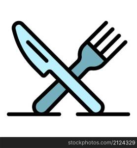 Crossed knife fork icon. Outline crossed knife fork vector icon color flat isolated. Crossed knife fork icon color outline vector