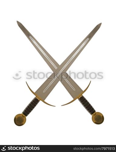Crossed long medieval metal sword, isolated over white