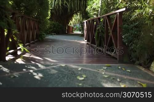 Crossing a wooden bridge under palm shed and path leading to the house