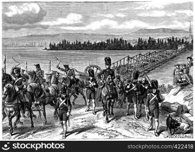 Crossing of the Rhine by the French army, vintage engraved illustration. History of France ? 1885.