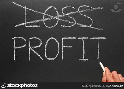 Crossing out loss and writing profit on a blackboard.