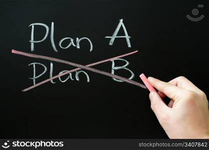 Crossing out Plan B and choosing Plan A on a blackboard