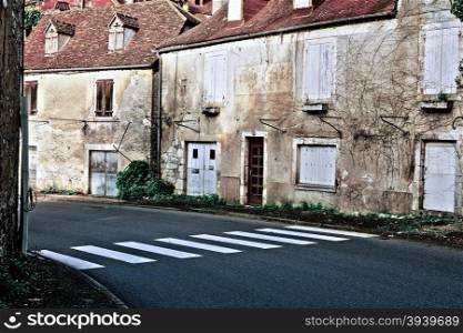 Crosswalk in the Small French Town, Retro Image Filtered Style