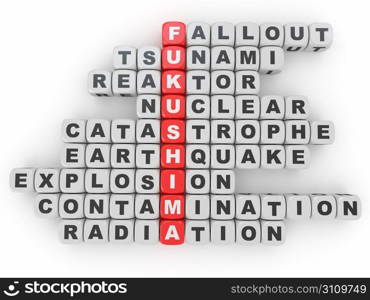 Crossword Fukushima from blocks on white isolated background. 3d