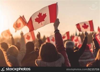 crowd hands waving flags of Canada, AI Generative
