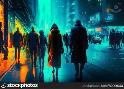 Crowd of people in neon night city. Neural network AI generated art. Crowd of people in neon night city. Neural network AI generated