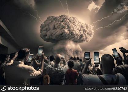 Crowd of people photographing mushroom cloud. Neural network AI generated art. Crowd of people photographing mushroom cloud. Neural network AI generated