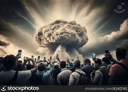Crowd of people photographing mushroom cloud. Neural network AI generated art. Crowd of people photographing mushroom cloud. Neural network AI generated