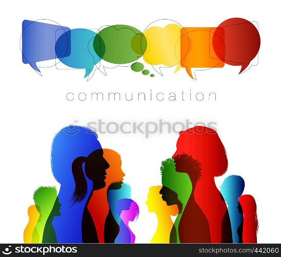 Crowd speaks. Speech bubble. Group people in profile silhouette talking. Social networking communication. Concept to communicate. Multicolored clouds. Talk. Isolated