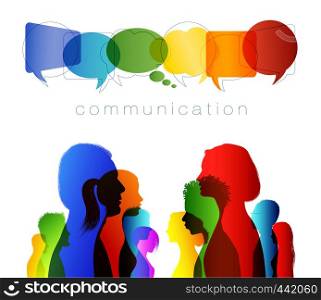 Crowd speaks. Speech bubble. Group people in profile silhouette talking. Social networking communication. Concept to communicate. Multicolored clouds. Talk. Isolated