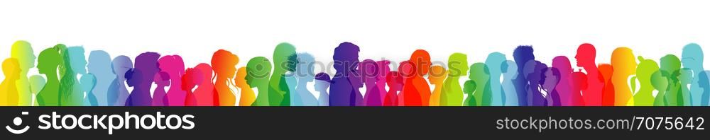 Crowd talking. Dialogue between people of different ages and ethnic groups. Rainbow colored profile silhouette. Many different people talking. Diversity between people. Multiple exposure