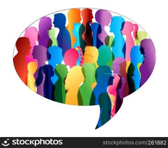 Crowd talking. Group of people talking. Communication. Speech bubble. Colored silhouette people profile
