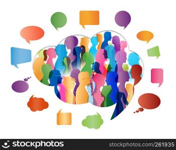 Crowd talking. Group of people talking. Speech bubble. Communication. Colored silhouette people profile in cloud shape