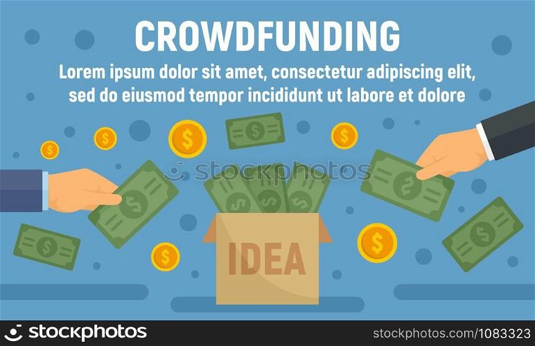 Crowdfunding box concept banner. Flat illustration of crowdfunding box vector concept banner for web design. Crowdfunding box concept banner, flat style