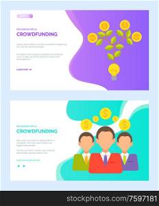 Crowdfunding vector, people with money businessman wearing suits with ties, tree growing with foliage and leaves with gold coins, savings. Website or webpage template, landing page flat style. Crowdfunding Webpages with Money and People Sites
