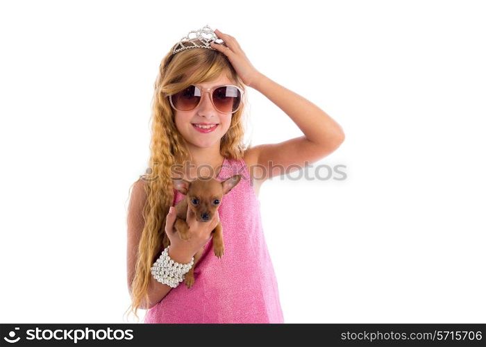 crown princess blond girl with puppy chihuahua dog portrait happy smiling
