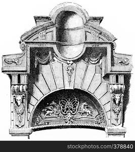 Crowning of a portal, rue des Francs-Bourgeois, vintage engraved illustration. Paris - Auguste VITU ? 1890.